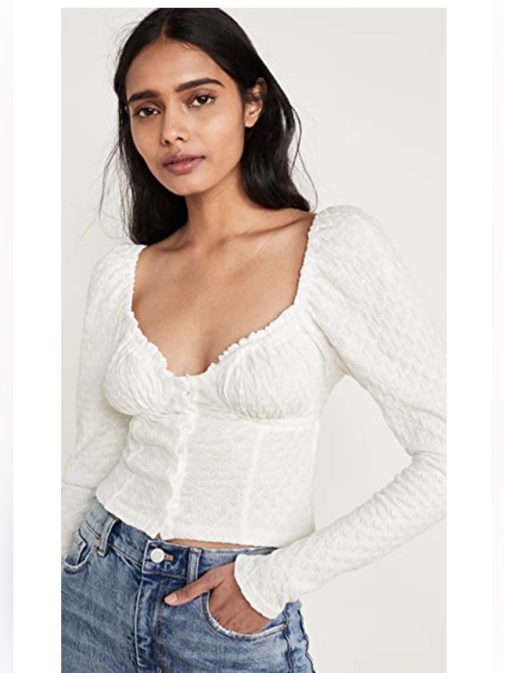 Free People Ladybug Milkmaid White Textured Long-Sleeve Crop Top - Large